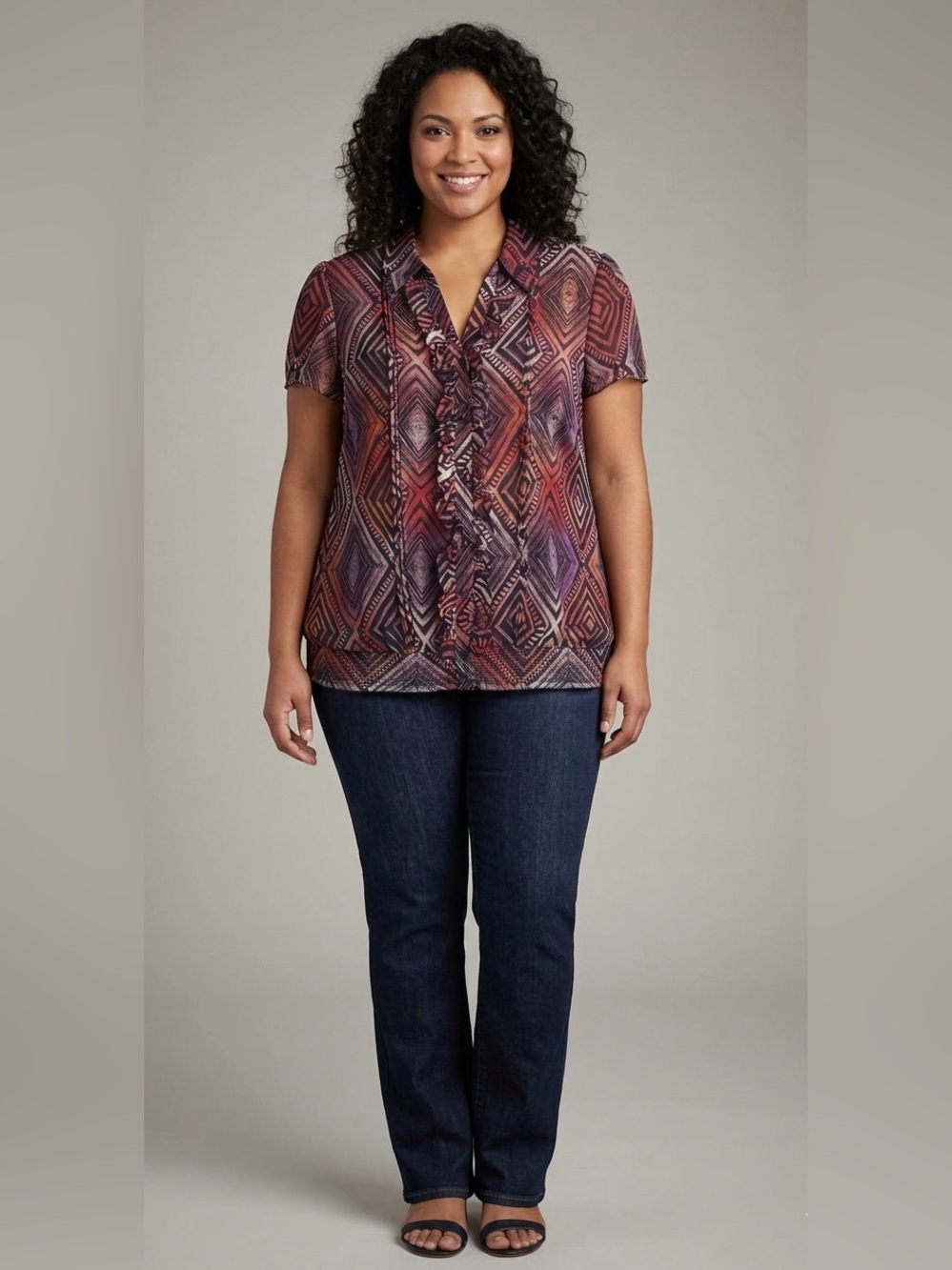 East 5th Geometric Ruffle-Front Sheer Blouse with Elastic Hem 1X